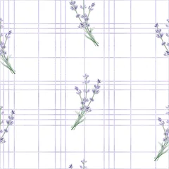 Watercolor lavender and plaid seamless pattern. Hand drawn botanical checkered background with purple flowers for farmhouse textile, tablecloth, bedding, nursery decor and cottagecore wallpaper. © Natalia