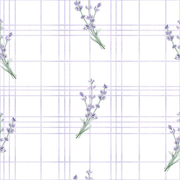 Watercolor lavender and plaid seamless pattern. Hand drawn botanical checkered background with purple flowers for farmhouse textile, tablecloth, bedding, nursery decor and cottagecore wallpaper.