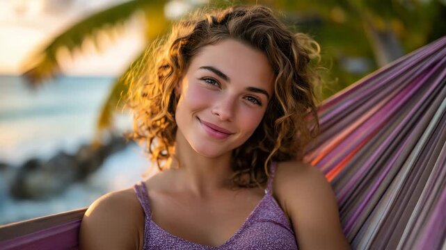 Young woman smiling in a hammock under palm trees on a tropical shoreline, sunset casting warm golden and pink tones across sand and water, gentle ocean breeze, idyllic summer vaca
