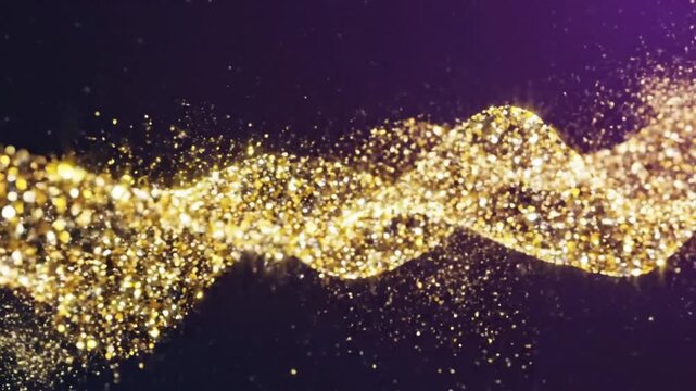 Luxurious gold glittering particles flowing and swirling in slow motion against a dark background