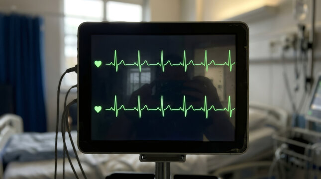 Medical monitor displaying green heartbeat rhythm on screen in hospital ward. Patient vital sign tracking device for cardiology diagnosis. Intensive care unit technology for health analysis.