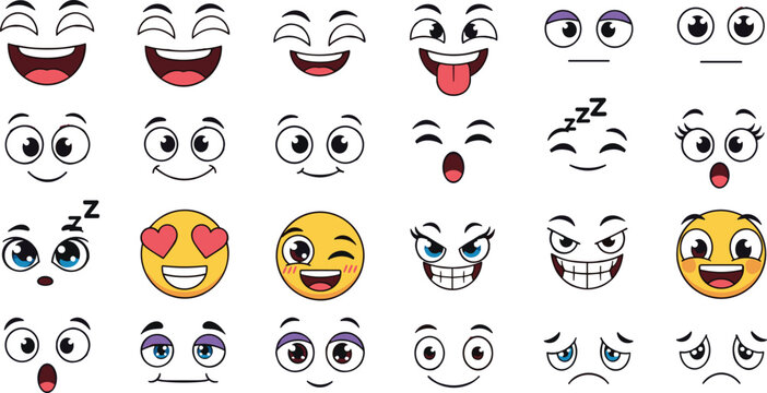 Cartoon Comic Face Expression Set with Funny Emoji Characters Showing Happy, Sad, Angry, Sleepy, and Love Emotions Vector Illustration
