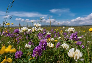 Obraz premium Vibrant meadow blooming with colorful wildflowers under a blue sky