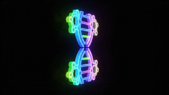 Neon illuminated DNA double helix symbol with dynamic colorful glowing illumination on a black background