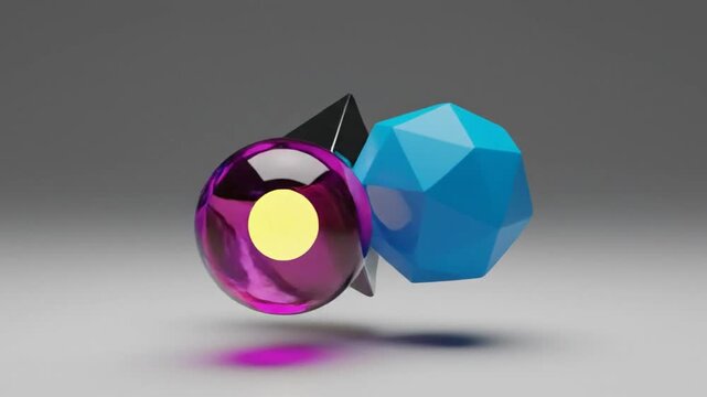 Abstract 3D rendering of geometric shapes floating in mid-air with a minimalist aesthetic and vibrant colors