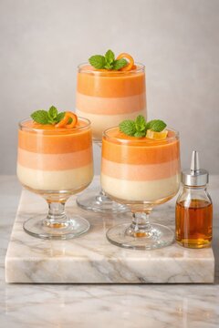 Apricot mousse dessert glasses with candied peel and mint