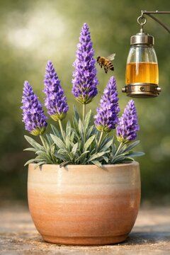 Bee friendly lavender pot with nectar bottle in garden setting