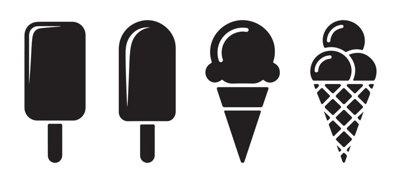 Set of four black ice cream icons including popsicles and cones on white background