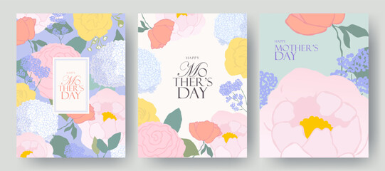 Mother’s Day floral greeting card set with hand drawn botanical elements in soft pastel colors © Tanya Shulga