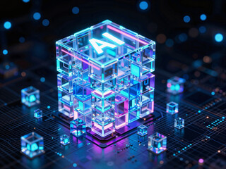 Obraz premium Neon Glowing AI Tech Cube on Circuit Board