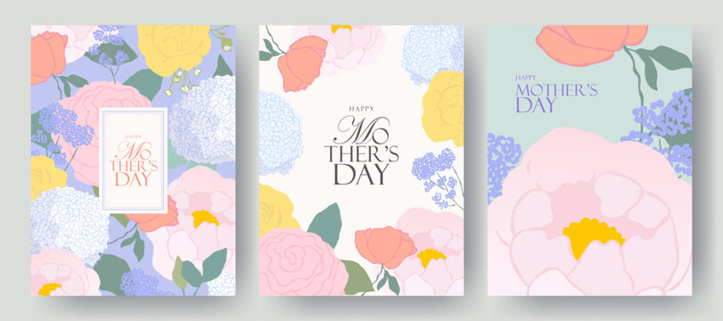 Mother&rsquo;s Day floral greeting card set with hand drawn botanical elements in soft pastel colors