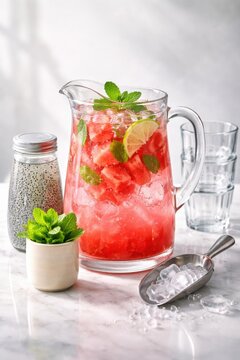 Watermelon drink pitcher with basil seeds and stacked serving glasses