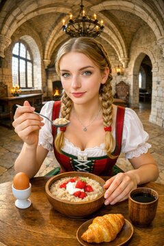 Young woman in traditional dress eating breakfast in rustic interior