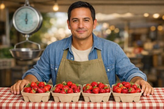 Local grower selling fresh strawberries at farmers market stall