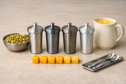 Mango kulfi preparation with pistachios saffron milk and metal molds