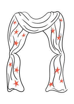 Vintage circus curtain frame with stars. Vector line illustration of draped fabric. Decorative theatrical frame for greeting cards and invitations