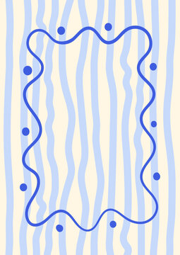 Greeting card template with hand drawn wavy frame on striped background. Funky and groovy design template. Vector flat illustration