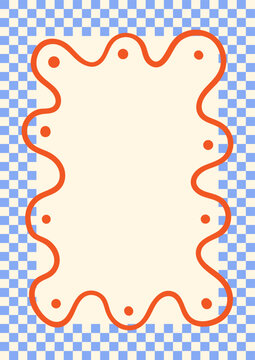 Greeting card template with hand drawn wavy frame and checkered border. Funky and groovy design template. Vector flat illustration