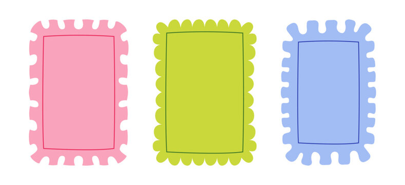 Set of decorative colorful frames with wavy ruffled edges. Vector flat illustration. Ornamental borders for invitations, greeting cards, valentine's day and wedding designs.