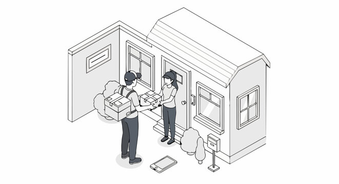 Isometric Delivery Service Illustration: Courier Handing Package to Customer at House Doorstep with Mobile Tracking Concept