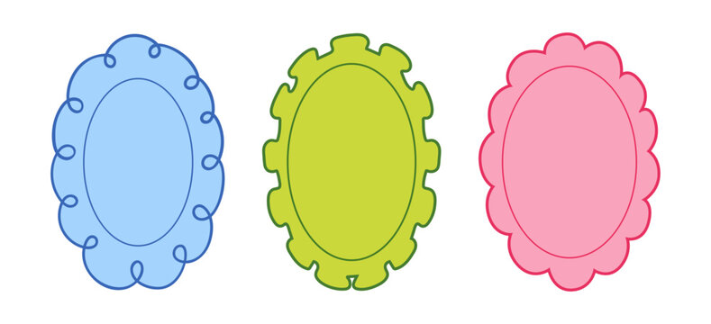 Set of decorative colorful oval frames with ruffled edges. Vector flat illustration. Ornamental borders for invitations, greeting cards, valentine's day and wedding designs.