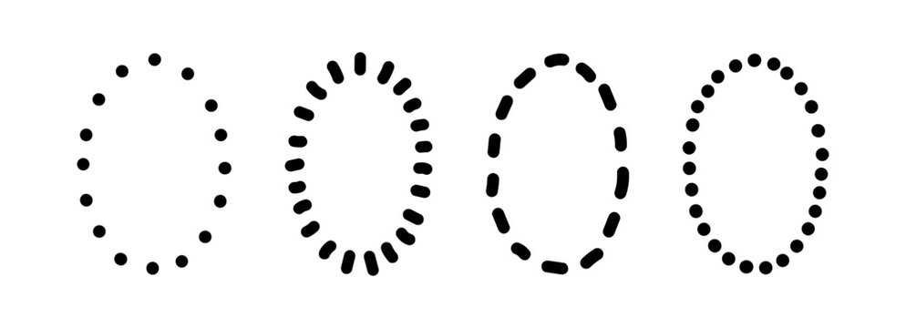 Set of dotted and dashed oval frames. Vector illustration of hand drawn geometric borders. Minimalist decorative shapes for greeting cards and invitations