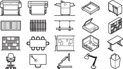 Fototapeta premium Office equipment: a comprehensive collection of office equipment icons arranged in a grid formation, perfect for illustrating office and workspace concepts.