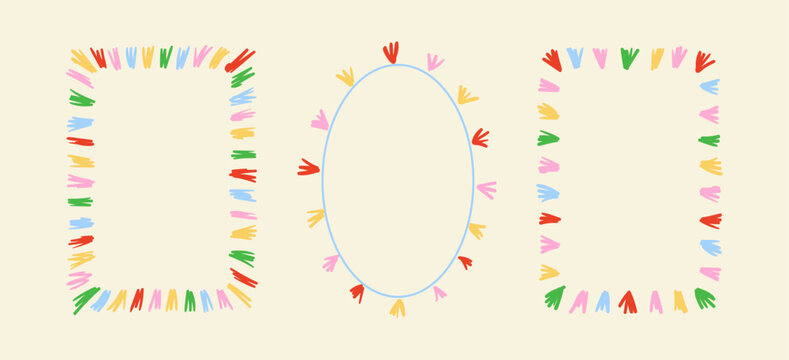 Set of colorful frames with brush strokes. Vector hand drawn abstract borders. Festive artistic cliparts for greeting cards, posters and invitations