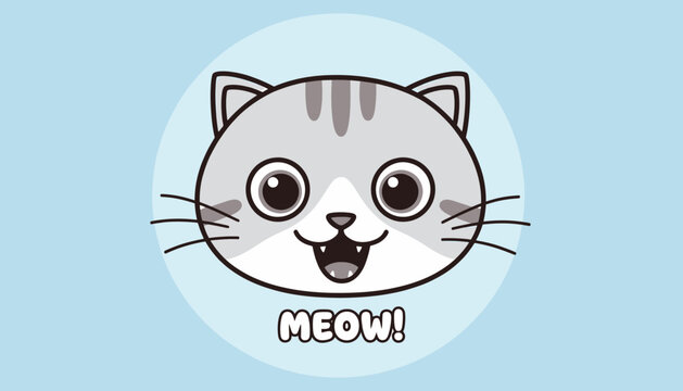 Cute Cartoon Cat Face with Meow Text.