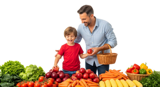 A man and a boy standing together at a colorful vegetable market with fresh produce