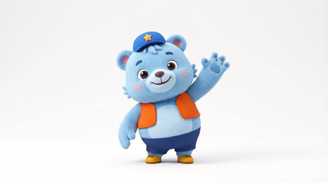 A cheerful cartoon bear waving hello with a friendly expression. The bear wears a blue outfit, an orange vest, and a cap with a star