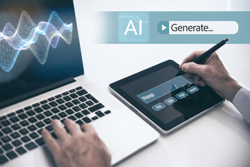 Obraz premium A professional uses a laptop and tablet with a generative AI prompt bar and neural wave visualization. This illustrates multimodal artificial intelligence, creative tech, and smart content generation.