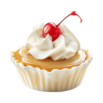 Caramel custard pudding topped with cream and a bright red cherry, served in a small dessert cup, isolated background, sweet dessert concept, high resolution