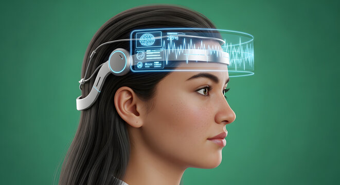 A woman wearing a brain-computer interface (BCI) device, suggesting a fusion of technology and human interaction. The device hovers above her forehead.