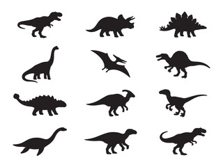 Obraz premium Flat Solid Black Silhouette Icon Set of 12 Dinosaurs Illustration on Pure White Background