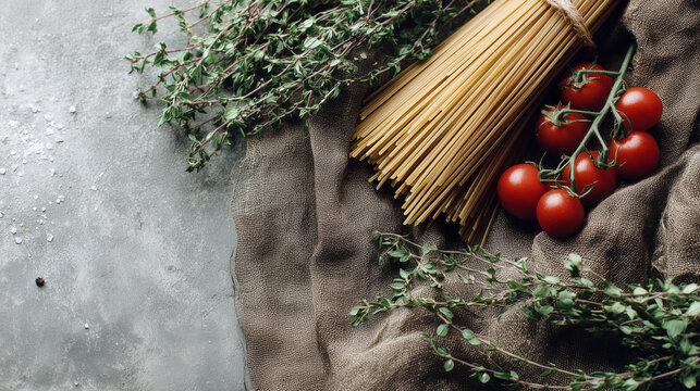An inviting arrangement of fresh spaghetti, ripe cherry tomatoes, and aromatic herbs, perfect for celebrating the vibrant flavors of a culinary Festival delle Sagre