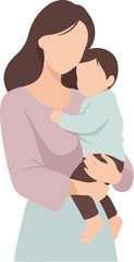 Fototapeta premium Minimal vector illustration of a mother holding a child in her arms, no facial features, soft curves, white background, modern flat style