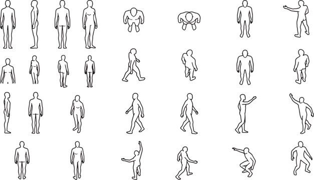 Minimalistic outlined human figures are presented in an array of postures, ideal for architectural and design visualizations. They show a diverse range of positions and viewpoints.