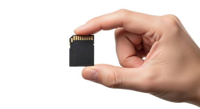 Close-up of a hand holding a small sd card for digital data storage