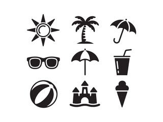 Obraz premium Summer beach vacation travel icons set silhouette vector illustration flat clipart design 