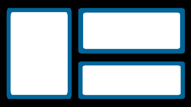 Blank photo frame layout template with blue borders on black background. Modern minimalist collage mockup with three rectangular spaces for creative design.