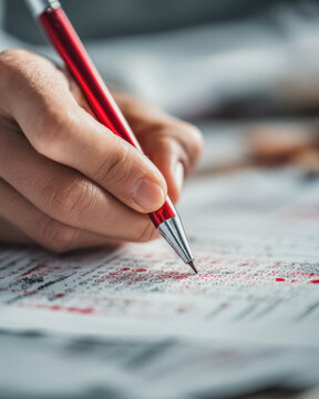 Teacher Grading Student Exam Paper With Red Pen Checking Test Answers Close Up Education Concept