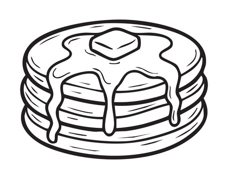 Stack of pancakes with syrup, melting butter on top, handdrawn black outline icon, monochrome breakfast illustration evoking cozy homemade brunch mood, ideal for menu, packaging, sticker, recipe