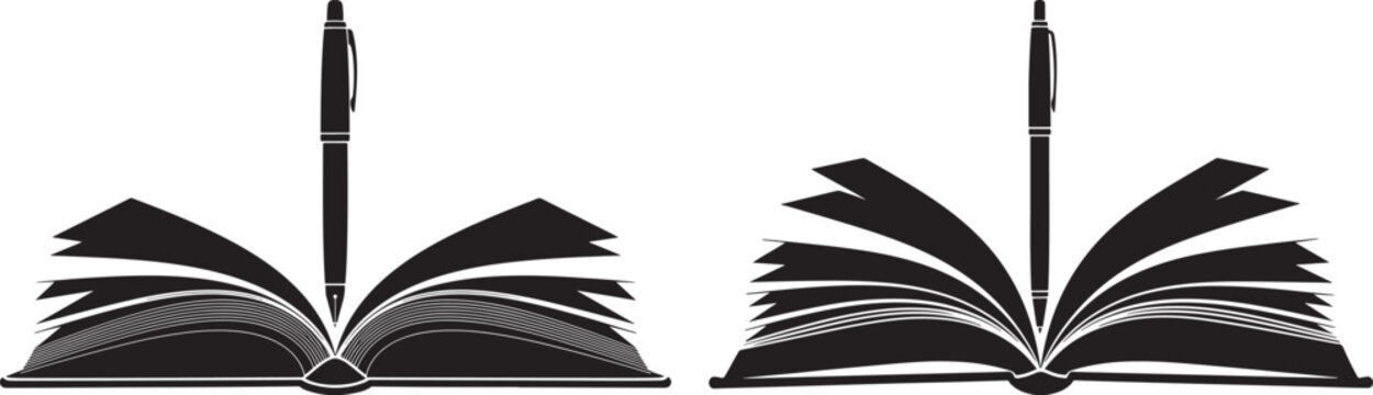 Two open books with pens standing upright knowledge base black and white open book knowledge education literature information learning notebook storytelling calligraphy document