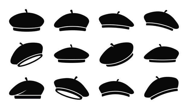 Black beret hat icon set silhouette vector illustration isolated on transparent background design