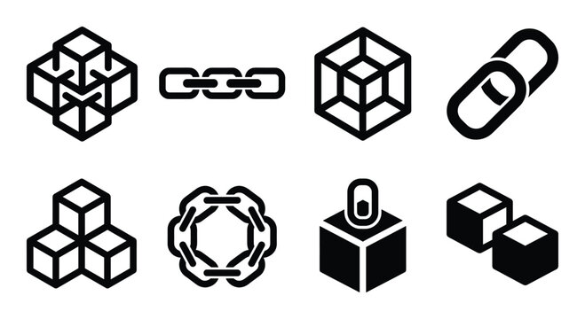 Blockchain technology icons set cube link chain network and security symbols isolated vector