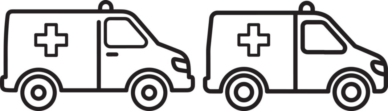 Outline of two ambulances with crosses line art vehicle icons line drawings ambulance transport emergency illustration response assistance hospital paramedics transportation minimalist