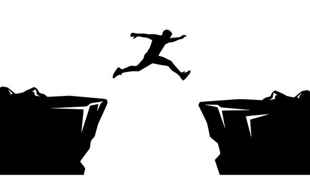 Silhouette of person jumping across cliff gap symbolizing risk courage and success vector illustration