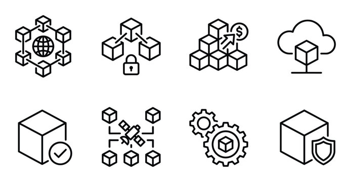 Blockchain technology outline icons depicting distributed ledger and decentralized network concepts