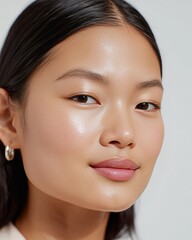 Obraz premium Close up portrait of a Korean woman with smooth skin and natural makeup, wearing hoop earrings, against a light neutral background highlighting her facial features